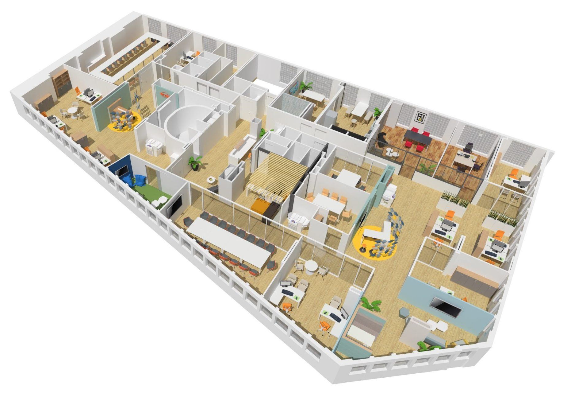 Plan d'aménagement 3D de bureaux conçu en space planning par Isospace