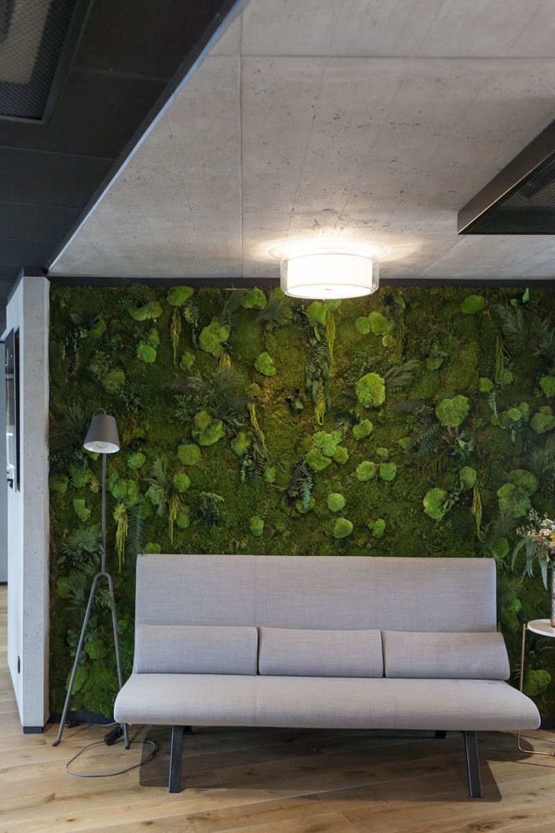 Coin détente Urban Food : banquette grise devant un mur végétal, plafond en béton brut