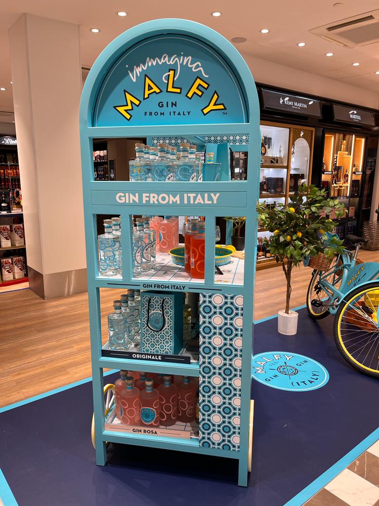 Présentoir en arche Malfy Gin from Italy avec bouteilles Originale et Gin Rosa
