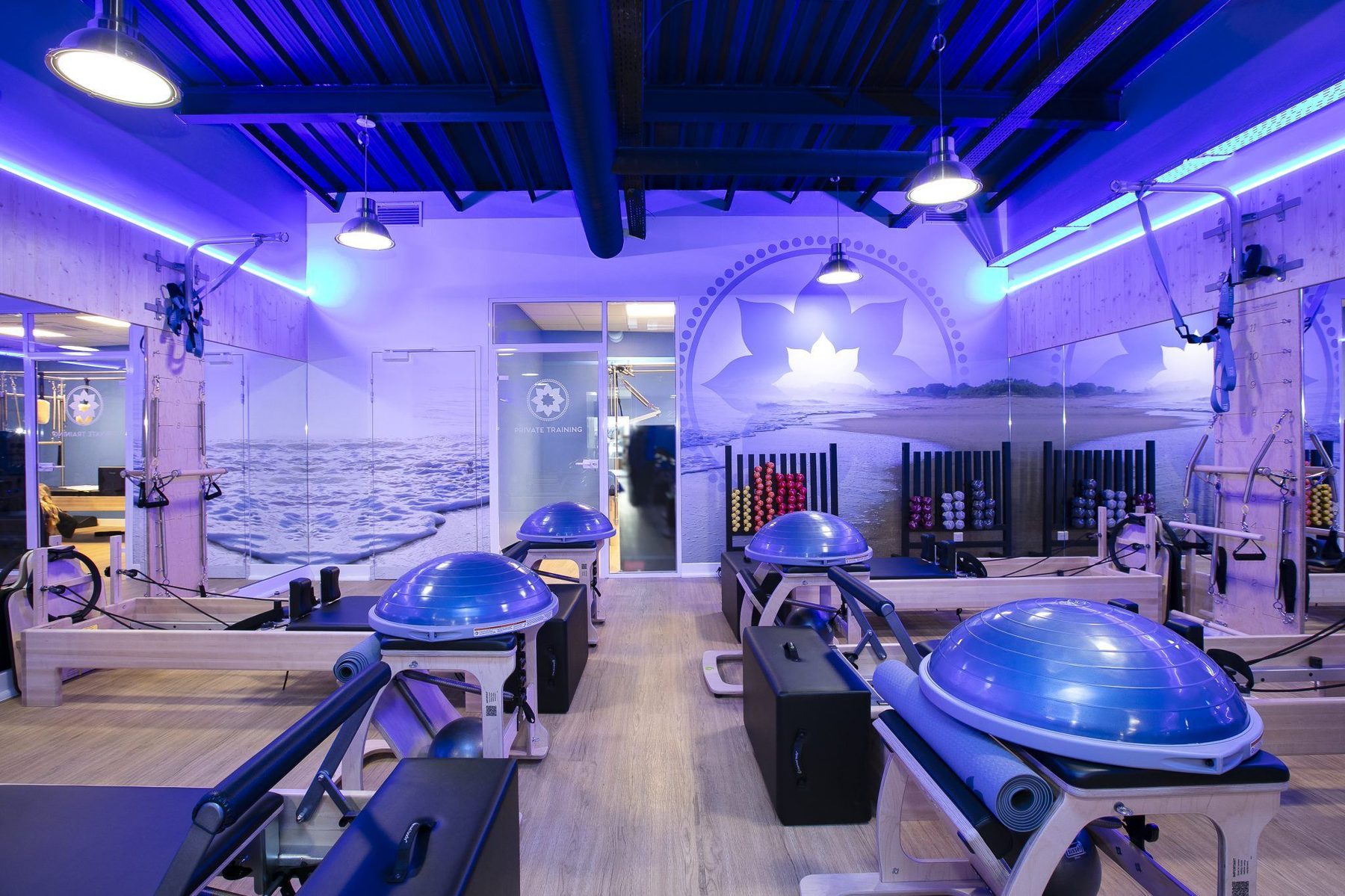 Salle d'entraînement avec fresque marine en arche, reformers et ballons de gym