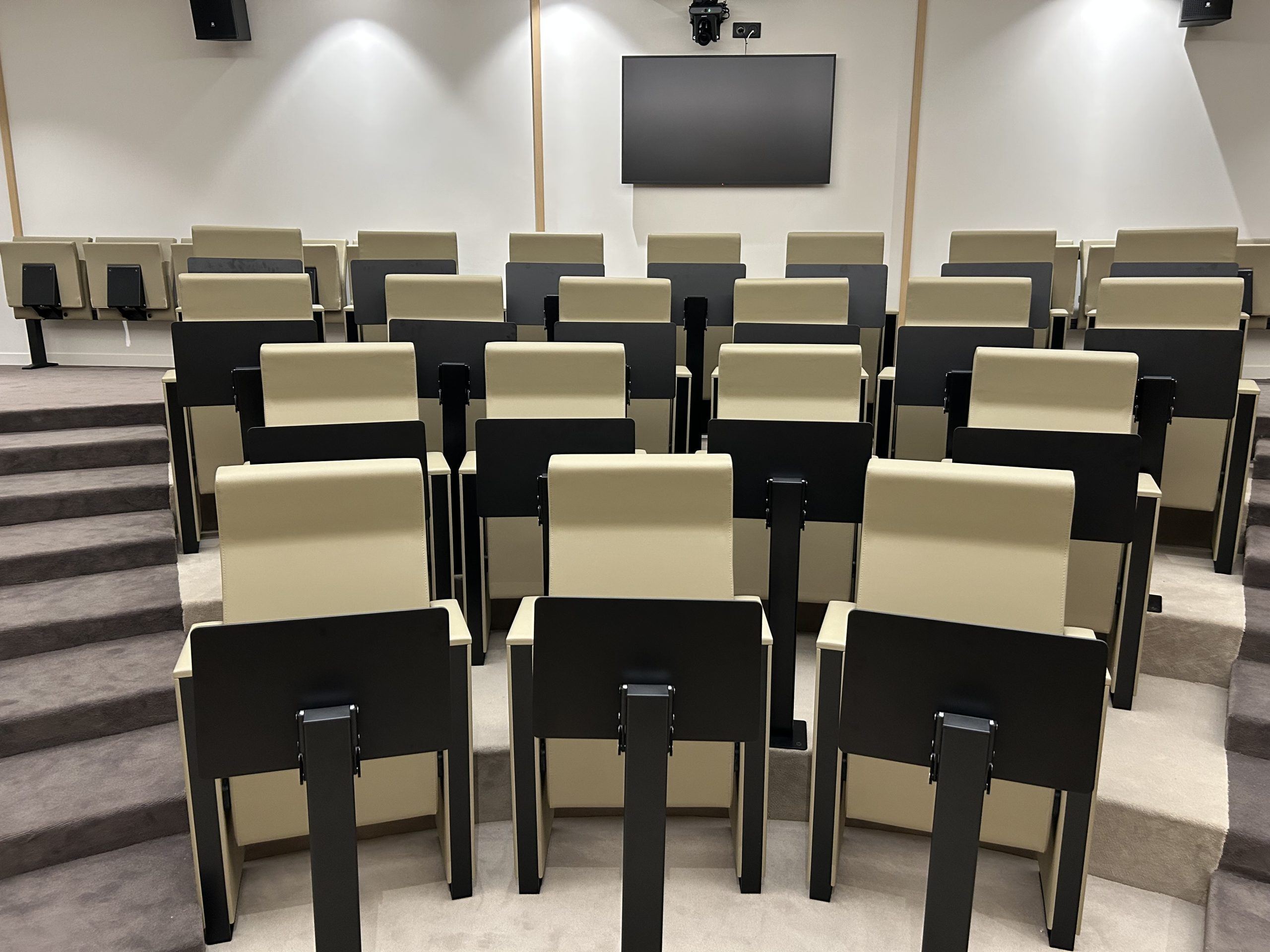 Rangées de fauteuils de l'amphithéâtre Federec face à l'écran