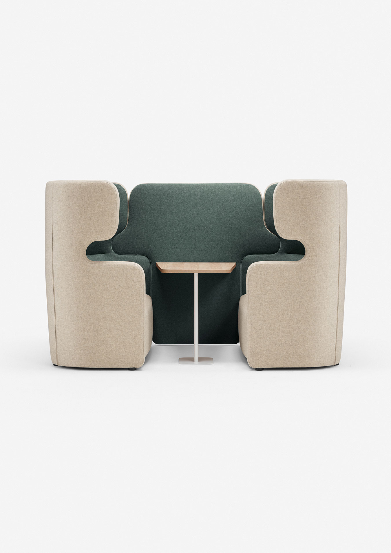Configuration réunion deux postes face à face avec table haute, finition vert et beige
