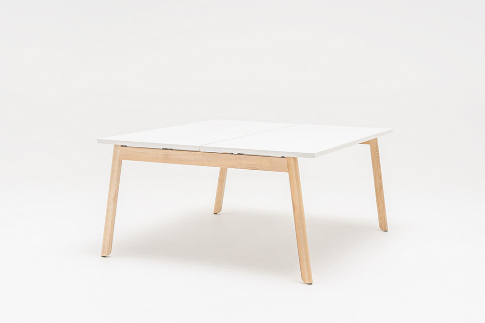 Bureau bench 2 personnes en bois, plateau blanc et piètement bois