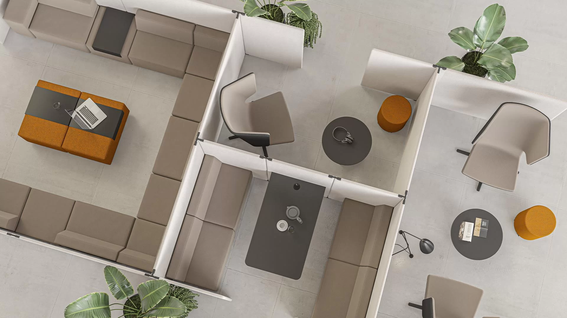 Écrans acoustiques modulaires délimitant un espace de détente en open space
