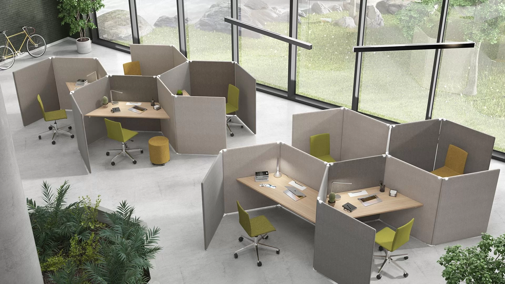 Bureau individuel acoustique : postes cloisonnés par des écrans absorbants en open space