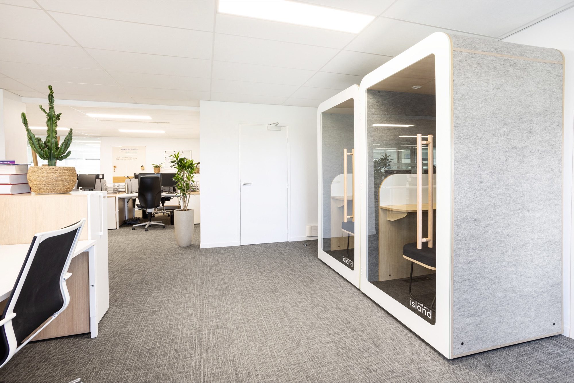 Cabines acoustiques (phone boxes) dans l'open space d'un laboratoire pharmaceutique