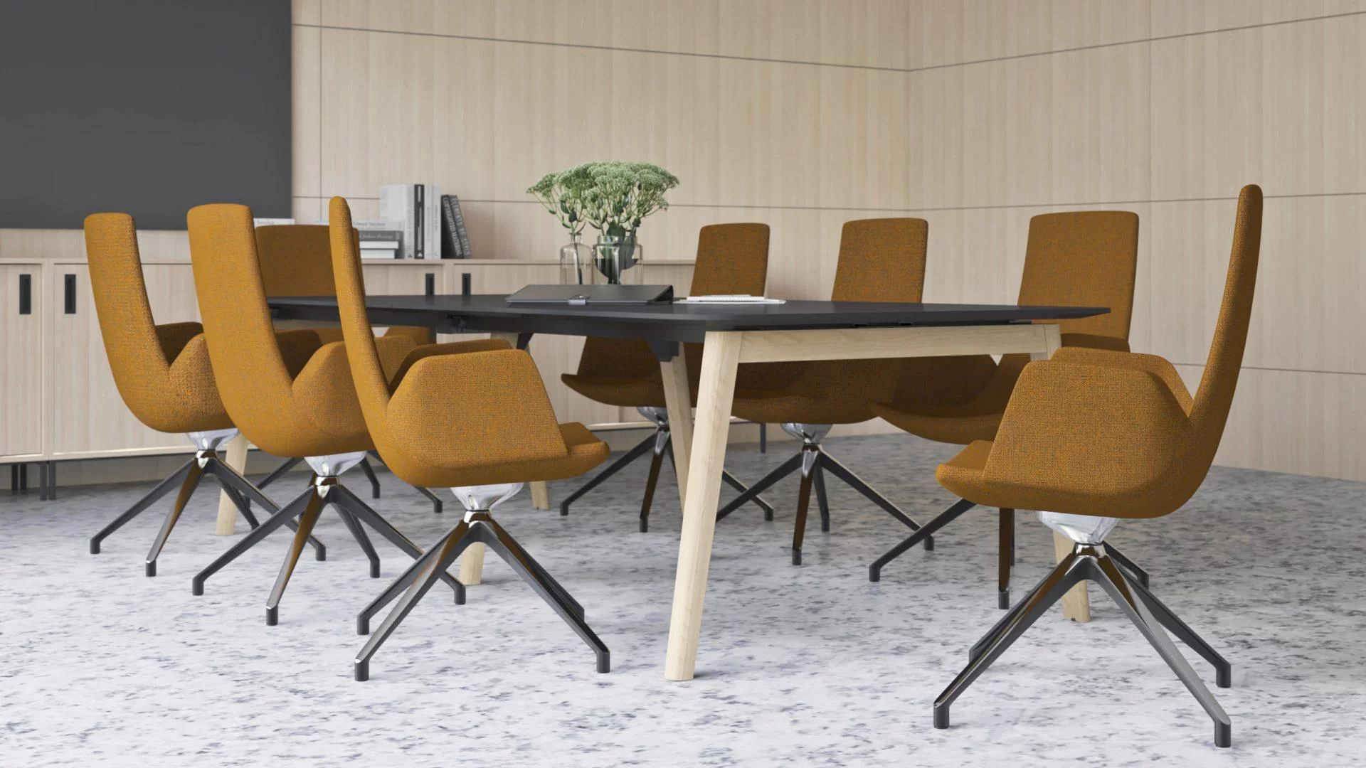 Chaise de réunion ocre autour d'une table en bois clair et plateau noir