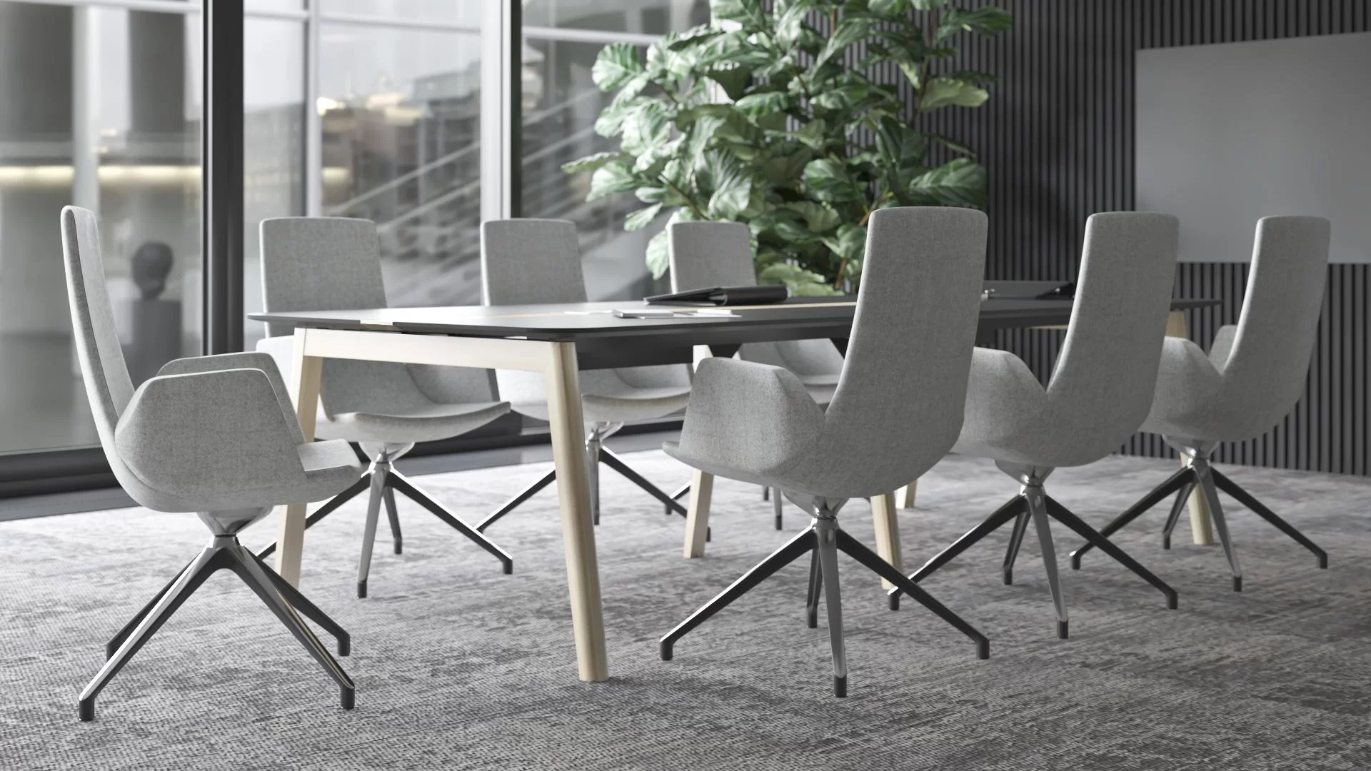 Chaise de réunion grise en salle de conférence, piétement étoile chromé