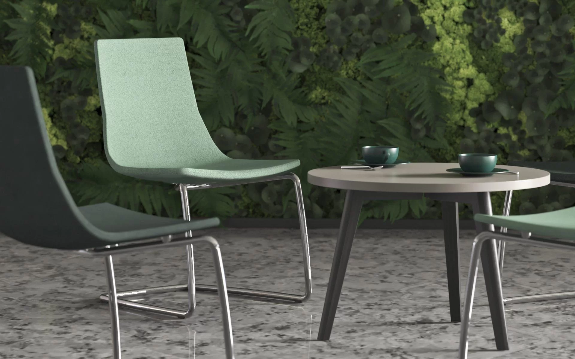 Chaise de réunion vert sauge avec piétement luge cantilever chromé en espace lounge