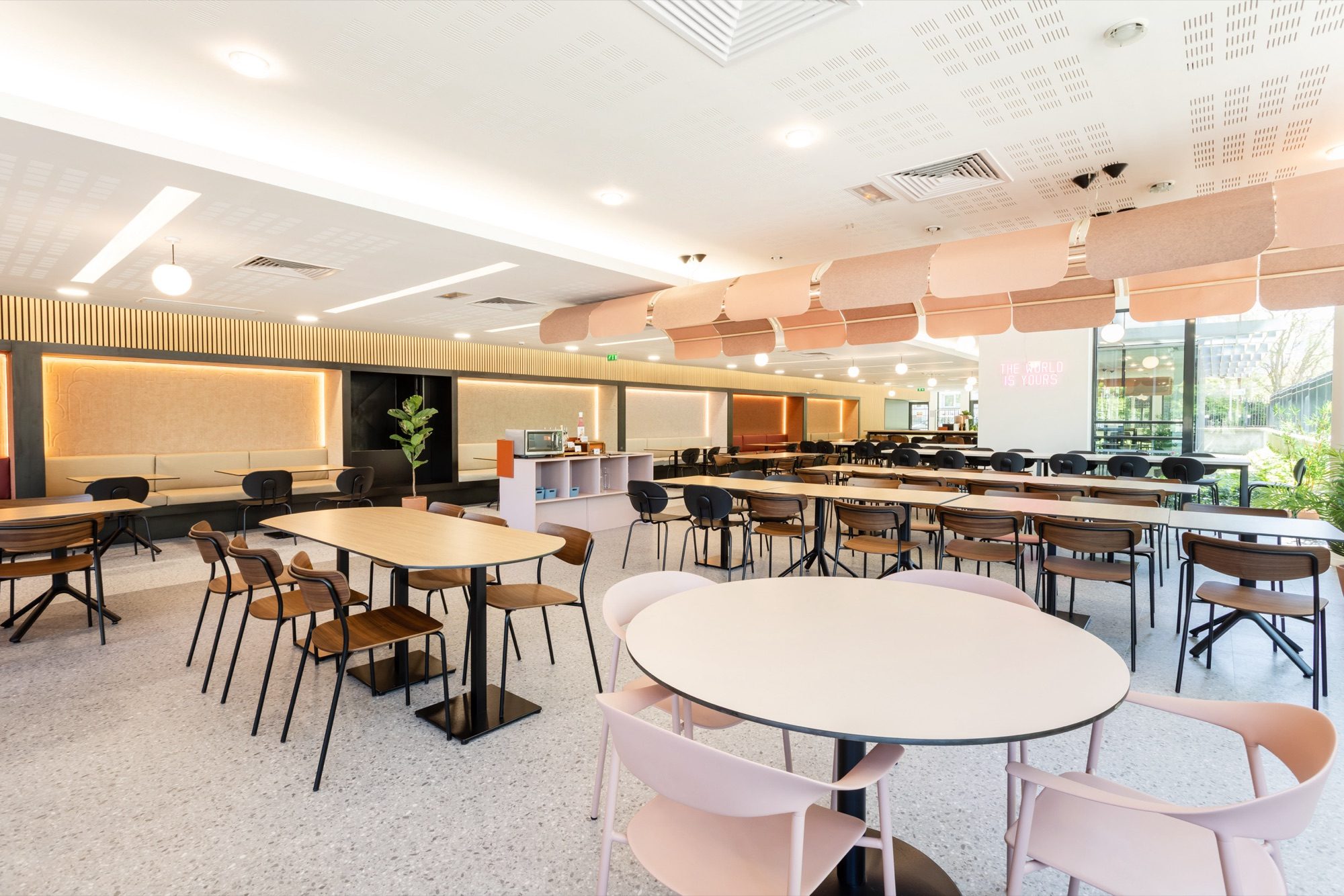 Restaurant inter-entreprises aux suspensions acoustiques organiques rose poudré et mobilier bois