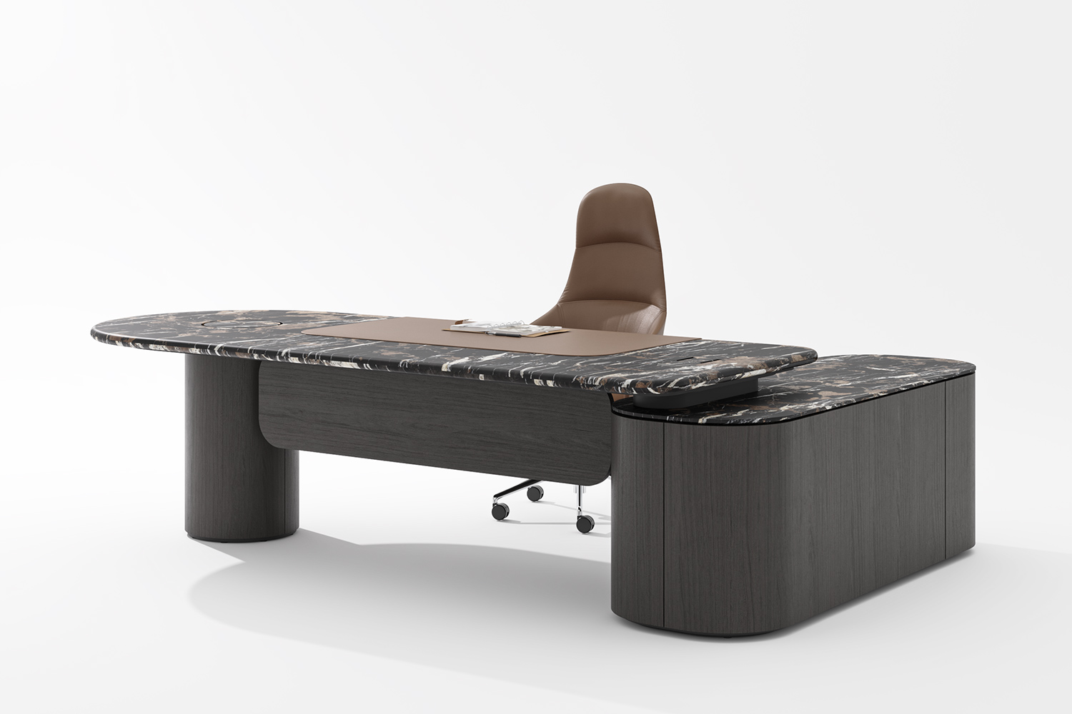 Bureau de direction marbre noir vu de profil, piètement design