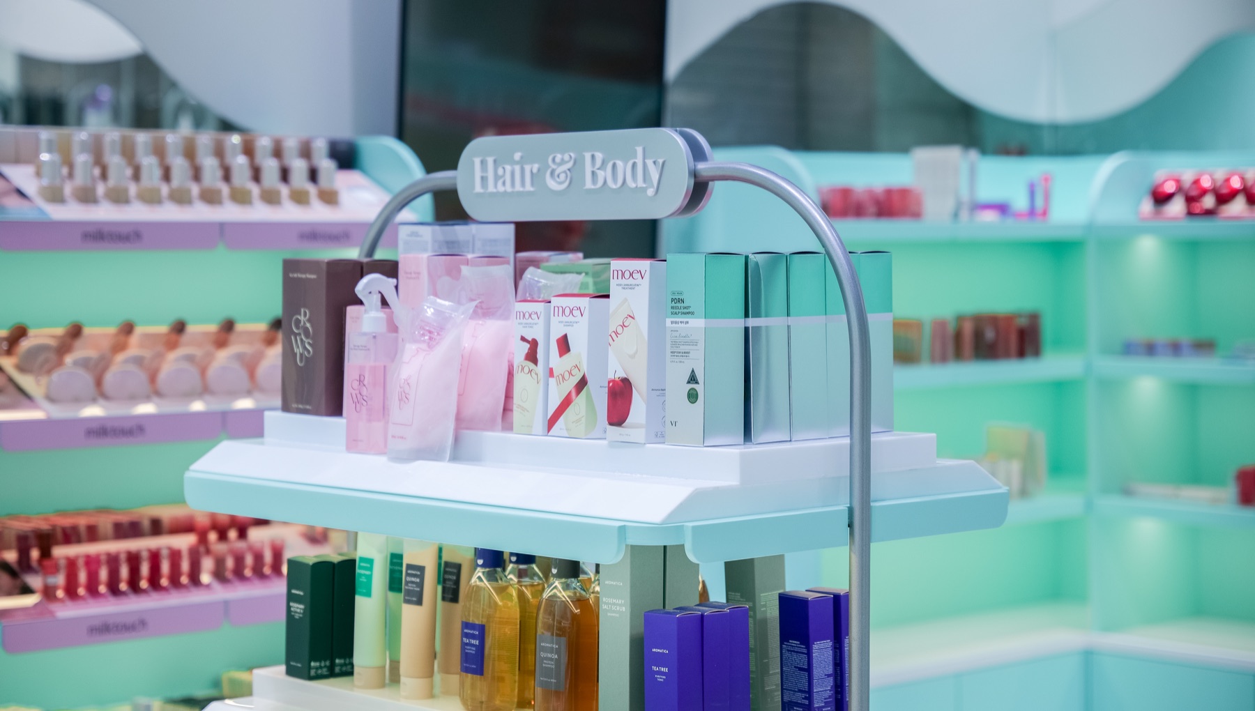 Présentoir mobile de soins capillaires et corps, mobilier Isospace