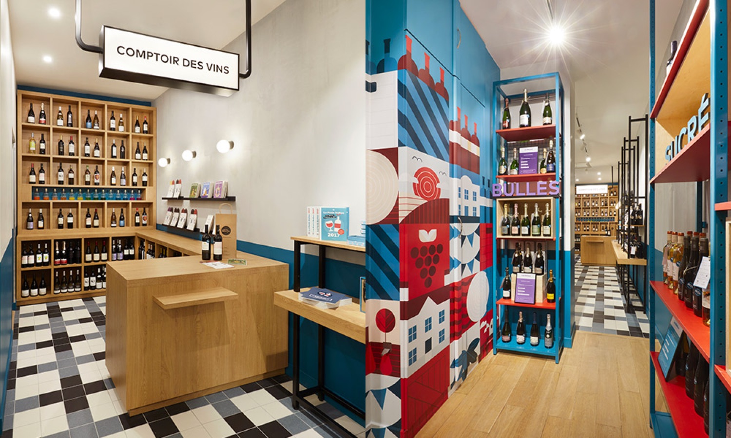Comptoir des vins et panneau graphique Bulles de la boutique Le Petit Ballon
