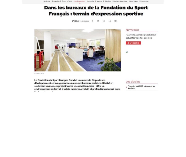 Parution presse Workplace Magazine : Dans les bureaux de la Fondation du Sport Français : terrain d’expression sportive