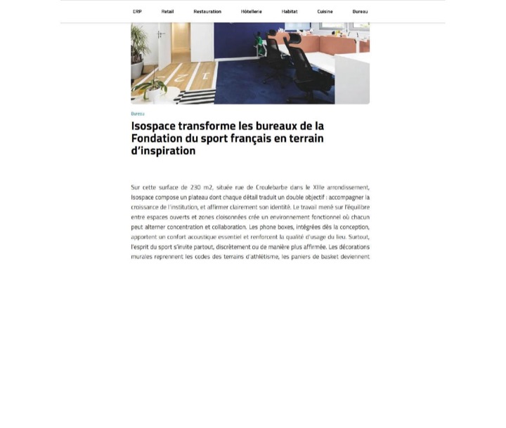 Parution presse L’Agenceur Magazine : Isospace transforme les bureaux de la Fondation du sport français en terrain d’inspiration