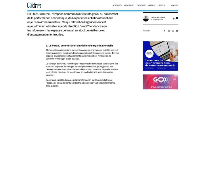 Parution presse CourriersCadres.fr : 7 tendances pour faire du bureau un levier de résilience et d’engagement en 2026