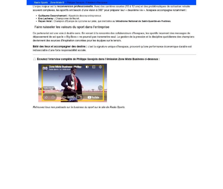 Parution presse Radio Sports : Zone Mixte Business : Comment Isospace utilise le sport pour bâtir les bureaux de demain