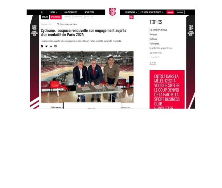 Parution presse Sport Business Club : Cyclisme. Isospace renouvelle son engagement auprès d’un médaillé de Paris 2024