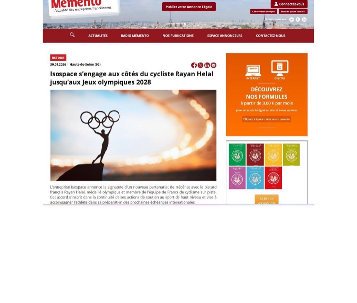 Parution presse LeMemento.paris : Isospace s’engage aux côtés du cycliste Rayan Helal jusqu’aux Jeux olympiques 2028