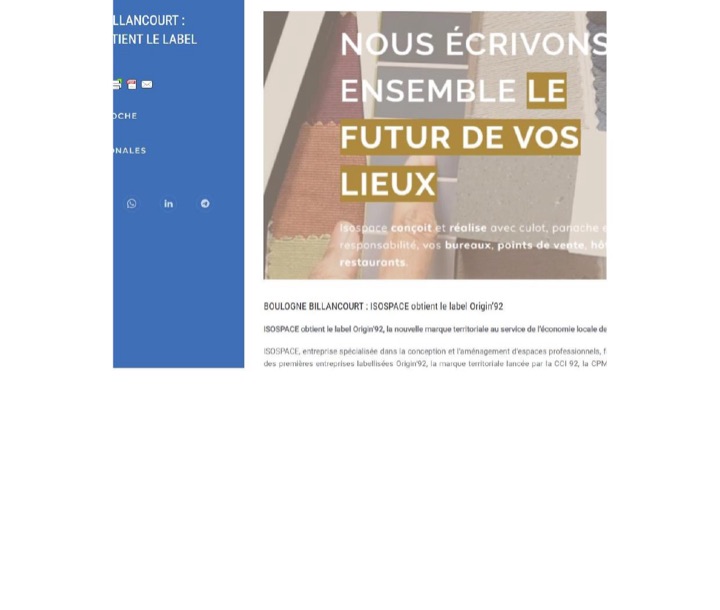 Parution presse PresseAgence : BOULOGNE BILLANCOURT : ISOSPACE obtient le label Origin’9