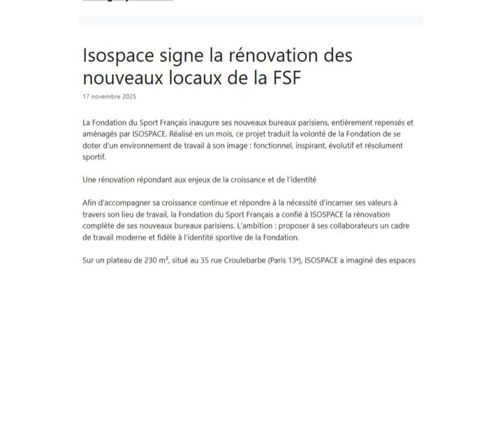 Parution presse CategoryNet : Isospace signe la rénovation des nouveaux locaux de la FSF
