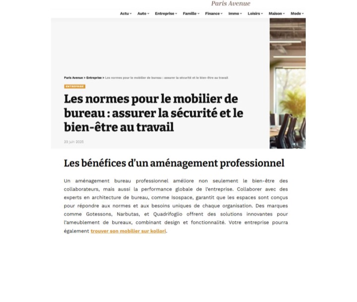 Parution presse Paris Avenue : Les normes pour le mobilier de bureau : assurer la sécurité et le bien-être au travail