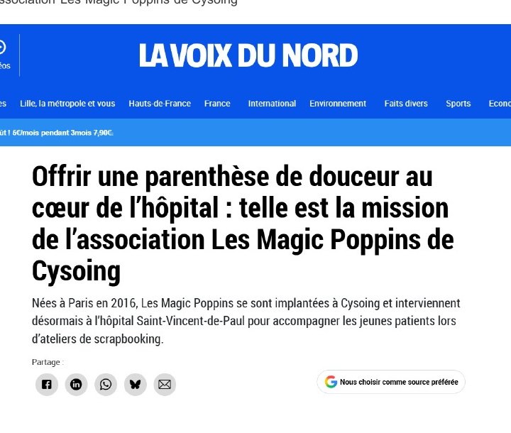 Parution presse La Voix du Nord : l’association Les Magic Poppins de Cysoing à l’hôpital