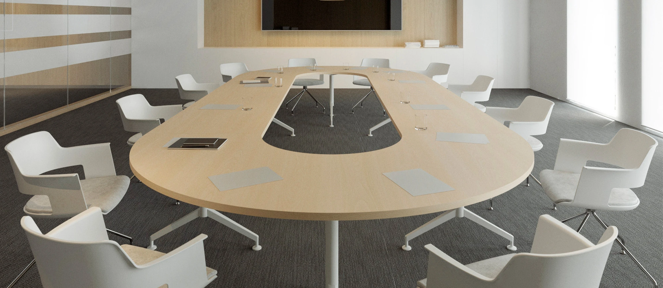 Table de conseil ovale Drone à plateau érable et fauteuils blancs, mobilier Forma 5