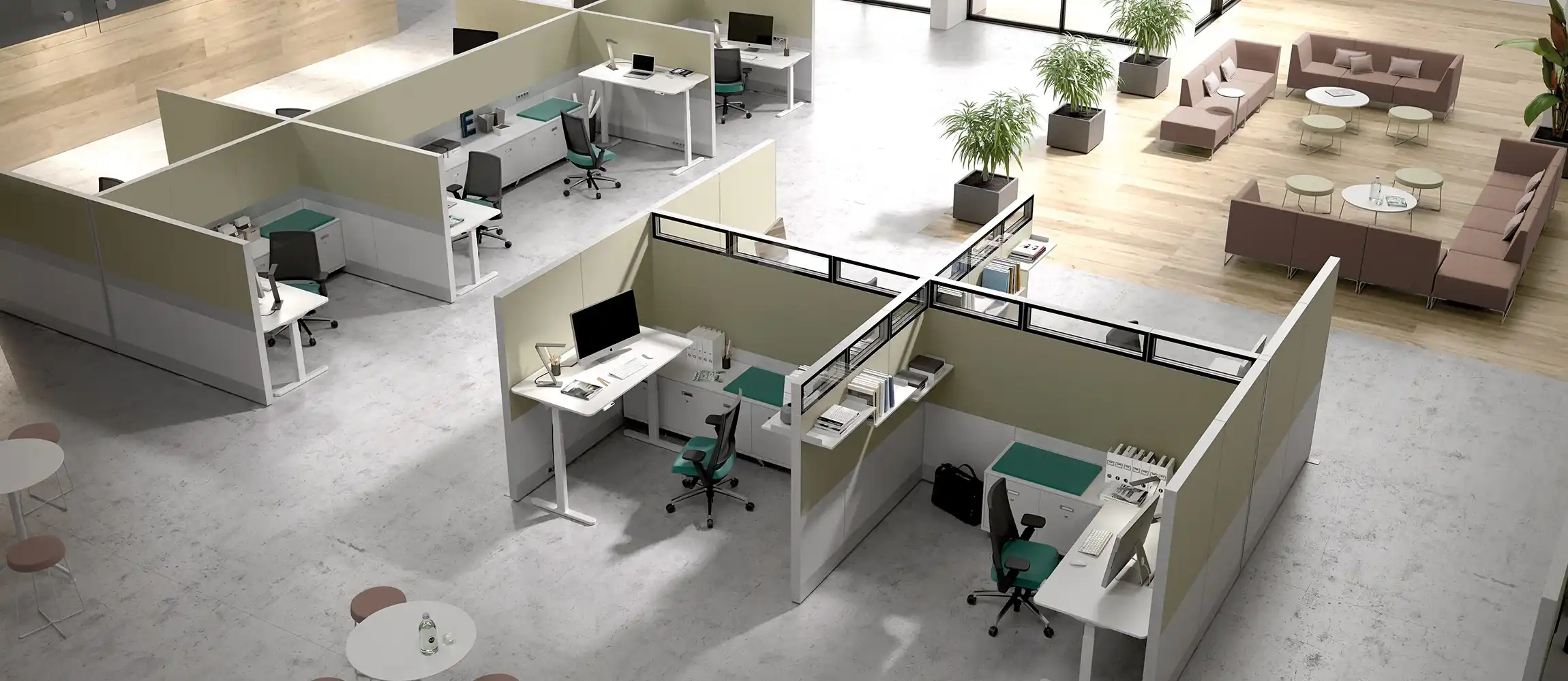Alvéoles de travail délimitées par le Panel System vert amande et allege vitrée, mobilier Forma 5