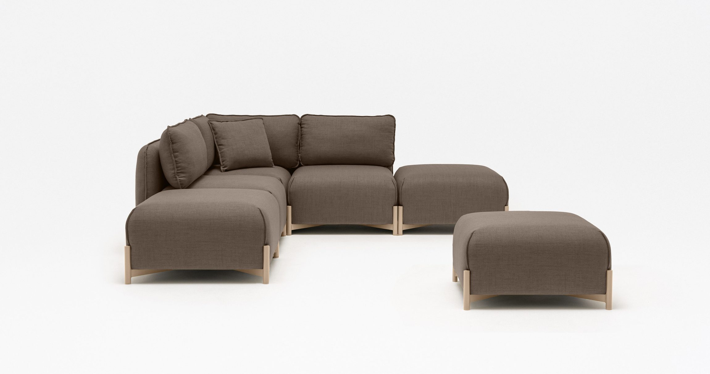 Canapé modulaire Linka en tissu taupe avec méridienne et poufs assortis, mobilier MDD
