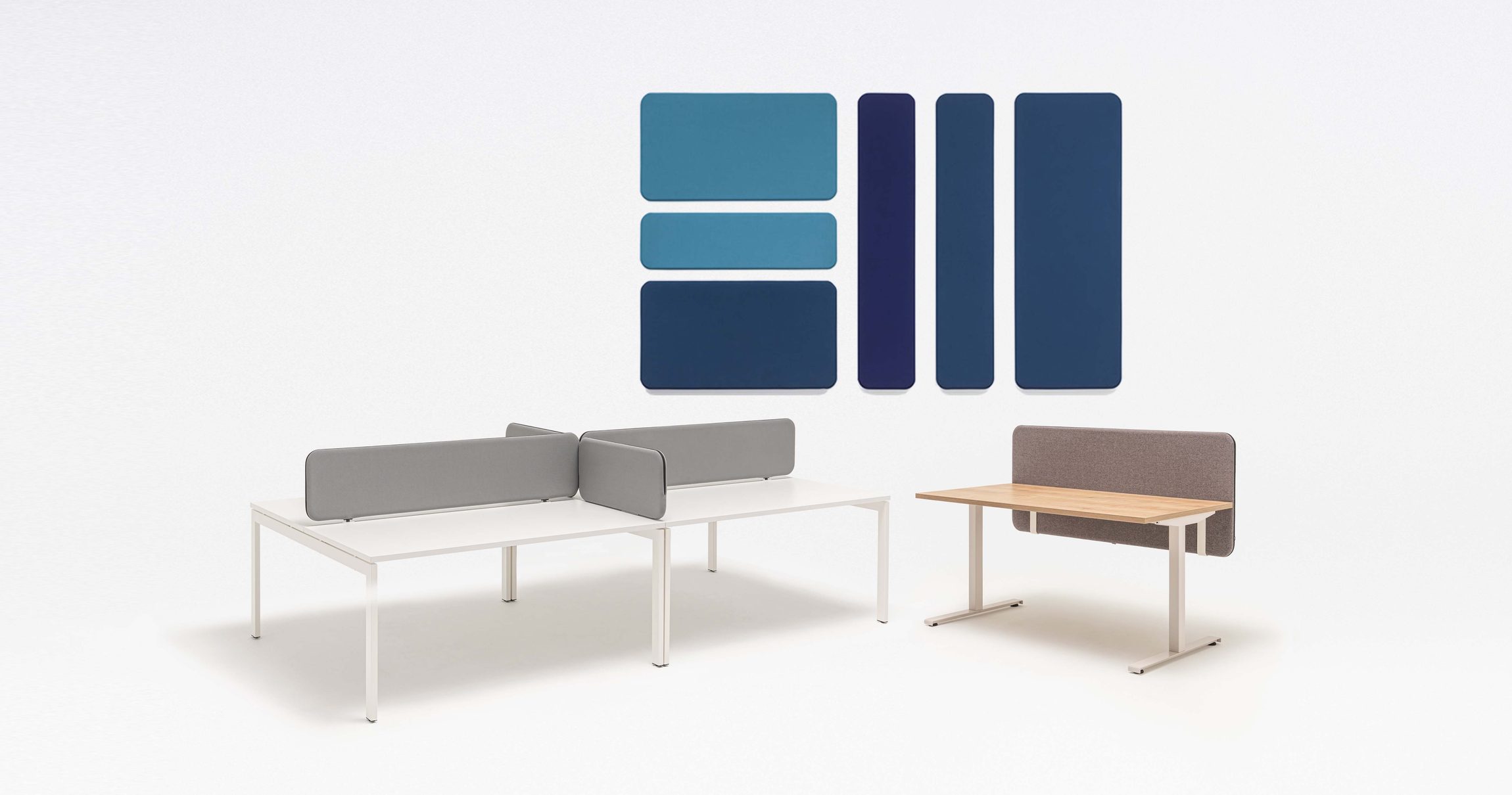 Panneaux acoustiques Sonic sur bench et cloisonnettes sur pieds, mobilier MDD